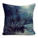 Tomda Pirate Ship Octopus Cushion Case Throw Pillow Cover for Home Decor Sofa Couch 45x45cm 18x18 Inch Cotton Linen Farmhouse Decorations