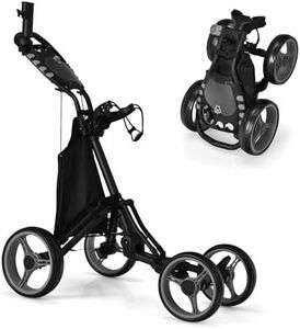 Costway 4 Wheel Golf Push Cart, Lightweight Folding Golf Trolley Roller w/Scorecard/Cup/Umbrella/Golf Bag Holder & Cooler Bag, Upper Bracket w/Elastic Strap, Foot Brake & Adjustable Handle (Grey)