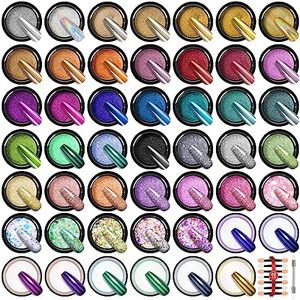 Saviland Chrome Nail Powder Set: 48 Colors Metallic Mirror Effect With Holographic Mermaid Powder, Glitter Sequins & Sculpture Pen - Manicure Tools for Home DIY