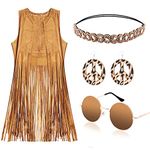 70s Outfits for Women, 4 Pack Disco Outfit - Fringe Vest, Earrings, Headband, Sunglass, Halloween Hippie Costume for Adults