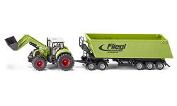 siku 1949, Claas Axion tractor with Front Loader, Dolly and Tipping Trailer, 1:50, Metal/Plastic, Green, Movable shovel and front loader swing arm, Tiltable trough