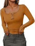 Kissfix Womens Long Sleeve Shirts Going Out Fall Clothes Casual Henley Tops Ribbed Knit Blouses Fashion Trendy Outfits Lightbrown XL