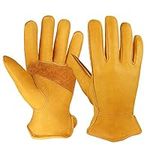 OZERO Flex Grip Leather Work Gloves Stretchable Tough Cowhide Working Glove 1 Pair (Gold, Large)