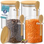HEFTMAN Glass Jars with Bamboo Lids - 1 Litre, 4 Pack Glass Jars with Airtight Bamboo Lids and Spoons for Coffee, Sugar, Spices, Hot Chocolate Station Jars with Silicone Seal Storage Jars & Canisters