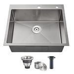 POPFLY 25×22 Inch Drop in Kitchen Sink,Top-Mount 304 Stainless Steel Single Bowl Sink, Handmade with 2 Hole,Brushed