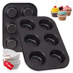 Casa Azul 6-Cup Muffin Tray for Baking with 100 Muffin Liners, BPA Free Non-Stick Carbon Steel Cupcake Tray, 500°F Heat Resistant & Easy to Clean, Microwave & OTG Oven Safe Cupcake Mould for Baking