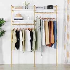EDCB Industrial Pipe Gold Clothing Rack with 2 Tier Shelf, Double Hanging Rods Clothes Rack Wall Mounted, Display Rack On Wall for Hanging Clothes Retail Display