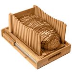 BambooSong Bamboo Bread Slicer with Crumb Tray Bamboo Bread Cutter for Homemade Bread, Loaf Cakes, Bagels Slicer, 3 Slice Sizes, Adjustable, Compact, Foldable