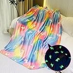 RAINBEAN Glow In The Dark Throw Blanket, Unicorn Blanket for Girls, Luminous Kids Blanket, Soft Flannel Fuzzy Blankets for Girls, Birthday Christmas Unicorn Gifts (127cm x 150cm)