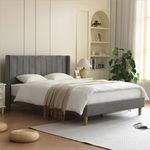 YUHUASHI Upholstered Platform Bed Frame/Queen Bed Frame/Modern Geometric Double-Wing Design Headboard/Flannel and Linen Fabric/Easy to Assemble No Noise (Grey, Queen (U.S. Standard))