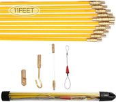 11' Fiberglass Electrical Connectable Fish Tape Pull Kit, Cable Rod Set with Hook and Hole Kit in Transparent Tube (Yellow, 10Rods x 33cm)