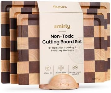 SMIRLY Wood Cutting Boards for Kitchen Wooden Chopping Board Set Reversible with Deep Juice Grooves Grip Handles, Large Charcuterie Tray for Home Kitchen, Rubber Wood, 3Pcs with Holder