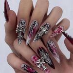 24pcs Long Stiletto False Nails Dark Red Black Stick on Nails Silver Cross Press on Nails Removable Glue-on Nails Full Cover Fake Nails Women Brides Nail Art Accessories