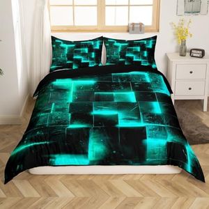 Black Teal Abstract Comforter Cover Gradient Square Bed Set, Geometry Grid Queen Duvet Cover Neon Checkered Bedding Set Queen, Glowing Plaid Bedspread Cover Modern Room Decor 3pcs (Black Reversible)