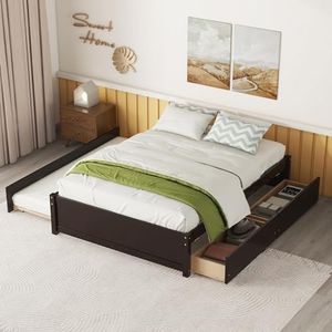 HomSof Full Twin Two Drawers，Convertible to 2 Platform Bed,Espresso+Trundle