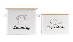 Xbopetda Set of Laundry Powder Bin & Dryer Sheets Holder, Laundry Detergent Powder Storage Box with Scoop, Wooden Lid & Handles, Metal Laundry Dryer Sheet Dispenser for Laundry Room Decor-White