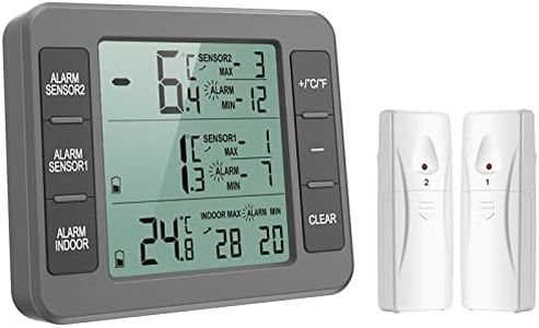 KeeKit Refrigerator Thermometer, Indoor Outdoor Thermometer with 2 Sensors, Wireless Digital Freezer Thermometer with Audible Alarm Temperature Gauge, Min/Max Record for Home, Kitchen – Grey