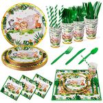 Nkaiso Jungle Safari Party Plates Cups and Napkins Set, 192 pcs Kids' Party Tableware Paper Plates for Jungle Safari Party Decorations Baby Shower Wild One Birthday Party Supplies- 24 Guests