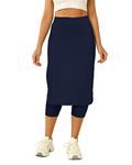 Aurgelmir Womens Tennis Skirt with Capris Leggings Golf Knee Length Skorts Athletic Long Skirts for Women with Pockets, Navy, XXL