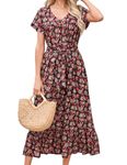 Casual Summer Dresses for Women V-Neck Midi Women Dress Short Sleeve Beach Dresses for Women Vestidos Mujer, Red Flowers and Green Leaves(a15), XXL-3XL