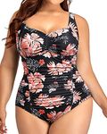 Daci Women Plus Size One Piece Swimsuits Tummy Control Vintage Ruched Bathing Suits Retro Swimwear, Black, 24 Plus