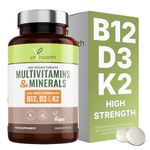 Vegan Multivitamins & Minerals with Vitamin B12, D3 & K2, Zinc and Iron, 180 Vegan Society Registered Tablets for Men and Woman, 6 Month Supply - Made in The UK by YrHealth