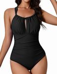 AI'MAGE One Piece Swimsuits for Women Bathing Suits Tummy Control Vintage Slimming Ruched Padded Tie Back Swimwear Black