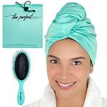 THE PERFECT HAIRCARE Ultra-Fine Microfiber Hair Towel Wrap & Wet/Dry Detangling Hair Brush Anti-Frizz Turban for Curly or Wavy Haired Women Girls & Kids - Quick Drying - Good for Travel (Aqua)
