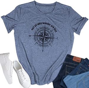 Womens Graphic T-Shirt Not All Who Wander are Lost Letters Print Compass Funny Tees for Women Summer Casual Athletic Shirts, Navy Blue, Small