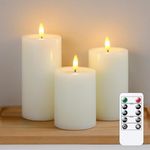 Yeelida Remote Flameless Flickering Pillar Candles with Candle Grease Effect,Pack of 3 Ivory LED Battery Oprated 2/4/6/8 Hours Timer Real Wax Electric Candles(7.5x10,12.5,15 cm)