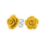 Romantic Delicate Floral 3D carved Yellow Rose Flower Stud Earrings For Women Teen For Mother Silver Plated