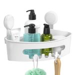 ilikable Corner Shower Caddy Vacuum Suction Cup Organizer No-Drilling Removable Shower Shelf with Hooks Wall Mounted Storage Basket for Shampoo Conditioner Razors Soap-Creamy white