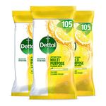 Dettol Antibacterial Multipurpose Cleaning Wipes, Citrus Zest Fragrance, Multipack of 3 x 105 Wipes, Total 315 Wipes