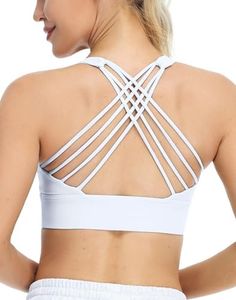 icyzone Sports Bras for Women - Activewear Strappy Padded Workout Yoga Tops Bra (L, Off White)