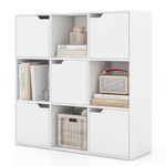 Tangkula 9-Cube Bookshelf, Toys Storage Organizer w/5 Doors & 4 Open Cubes, Freestanding Wood Cubby Bookcase, Display Cabinet for Kids Room, White (5 Cube with Doors, 35.5 x 11.5 x 35.5 Inch)