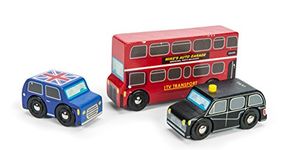 Le Toy Van Wooden Little London Themed Vehicle Set Iconic Red Bus, Black Cab and Union Jack Classic Car Toys