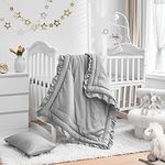 3 Pieces Crib Bedding Set Baby Ruffle Quilted Comforter with Fitted Sheet and Pillow - Cute Ruffled Shabby Chic Bedding Soft Blanket Design Gray