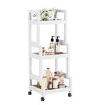 vovala 3-Tier Utility Rolling Cart, Mobile Storage Organizer with Lockable Caster Wheels, Small Kitchen Removable Trolley with Bamboo Shelf, White