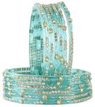 LAVAZZA Latest Glass Bangles Set with Golden Zircon Diamond & Beads Work For Women & Girls | Churi Set | Clear Body Bangles | Latest Girl's Bangles | Transparent Chudi-(AB6-Basanti-Surf-2.8)