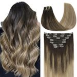 VINBAO Clip in Hair Extensions 7 Pcs 160 Gram Balayage Darkest Brown Fading to Chestnut Brown And Ash Blonde Human Hair Extensions 22inch Clip in Real Hair Extensions (7C#2/6/18-22Inch)