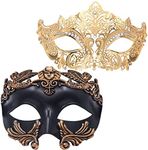 MYSEUNI Masquerade Mask for Couples - Gold Venetian Metal Rhinestone Filigree Women Mask & Roman Greek Venetian Men Mask for Cosplay Halloween Party Mardi Gras Mascarade Ball