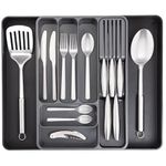 nuovva Cutlery Drawer Organiser – Adjustable Utensil Tray for Drawers – Expandable Cutlery Set Holder – Compact Drawer Divider for Knives, Forks and Spoons – Black & Grey