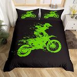 Castle Fairy Motorbike Duvet Cover for Boys,Girls Dirt Bike Comforter Cover Full Size,Green Graffiti Bedding Set Kids Teen Room Decor Bed Cover,Motocross Rider Bedclothes with Zipper