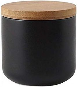 Pure Color Ceramic Sugar Bowl with Wooden Lid Sugar Dispenser Salt Pepper Storage Jar Pot Sugar Container Seasoning Pot Box Condiment Spice Racks Holder for Home Kitchen, Black