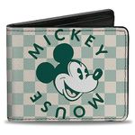 Buckle-Down Disney Wallet, Bifold, Mickey Mouse Smiling Checker Grays Green, Vegan Leather, Green, 4.0" x 3.5", Casual