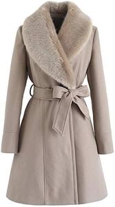 CHICWISH Women's Taupe Faux Fur Wide Lapel Turn Down Shawl Collar Belted Flare Wool Blend Coat