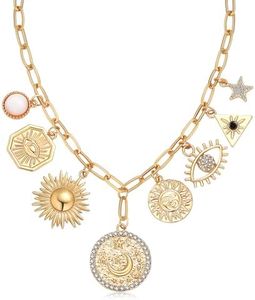 BONJOULRY Charm Necklace for Women Gold Sun Moon Evil Eye Coin Pendent Necklace Celestial Dainty Paperclip Chain Charms Necklace Choker Necklace Jewelry Coins