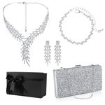 5 Pcs Bridal Wedding Jewelry Set, Silver ClutchPurse Bag Evening Bag Rhinestone Jewelry Set for Women Girls, Necklace Earrings Bracelet Prom Costume Jewelry Set for Brides Bridesmaid