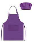 TOPWAYS Kids Apron and Chef Hat Set, Adjustable Children Chef Apron Outfit Costume, Kitchen Apron for Baking Cooking Painting, Artist Apron with Two Pockets (purple, M (3 to 6 years)