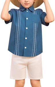 Boys Guayabera Shirt - Short Sleeve Embroidered Mexican Cuban Button Down Shirts for Cinco de Mayo Wedding Baptism Kid Toddler Boy Casual Summer Top Camisa Mexicana para NiƱos Blue 7-8 Years